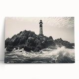 Stretched canvas wall art depicting a serene lighthouse landscape design, featuring vibrant blues and greens, perfect for coastal home decor enthusiasts.