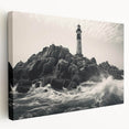 Stretched canvas wall art showcasing a serene lighthouse design against a vibrant sunset backdrop, ideal for coastal-themed home decor or nautical inspiration.