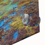 Close-up of an exquisite acrylic glass wall art piece depicting a vibrant marsh landscape design, showcasing rich greens and earthy tones, perfect for nature enthusiasts and home decor aficionados.