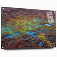Side view of a modern acrylic glass wall art piece depicting a serene marsh landscape, showcasing vibrant green foliage and tranquil water reflections, perfect for nature lovers.