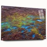 Side view of a modern acrylic glass wall art piece depicting a serene marsh landscape, showcasing vibrant green foliage and tranquil water reflections, perfect for nature lovers.