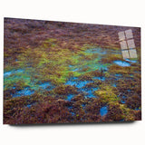 Side view of a modern acrylic glass wall art piece depicting a tranquil marsh landscape, showcasing vibrant greens and blues, perfect for home decor.