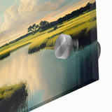 Close-up view of a vibrant acrylic glass wall art piece showcasing a marsh landscape with rich greens and earthy tones, ideal for nature-themed decor.