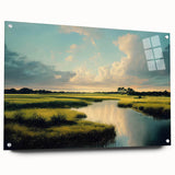 Acrylic glass wall art collection featuring a serene marsh landscape and swamp design, showcasing vibrant greens and blues with a side view display and pin mounting. Ideal for nature-inspired decor.