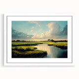 Framed wall art showcasing a serene marsh landscape with vibrant greenery and soft reflections in water, ideal for nature-inspired home decor.