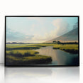 Framed wall art showcasing a serene marsh landscape with vibrant greens and blues, designed for nature lovers, featuring a sleek black frame for modern decor.