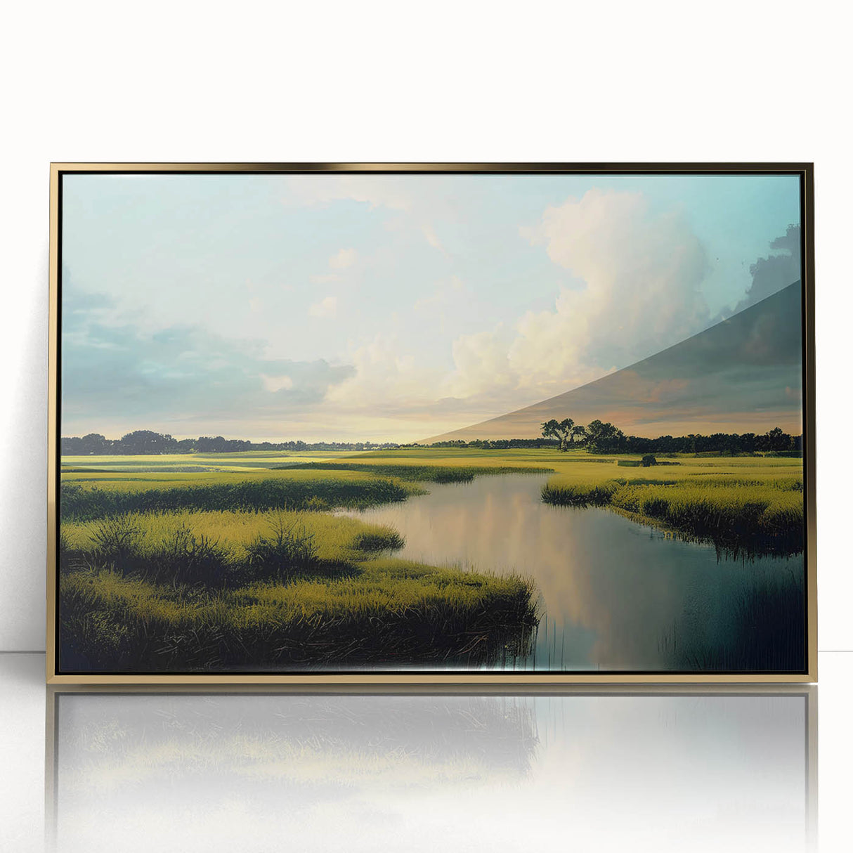 Framed wall art featuring a serene marsh landscape with vibrant greenery and golden accents, designed to enhance any living space's decor.