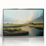 Framed wall art showcasing a serene marsh landscape with lush greenery and reflective water, featuring a modern silver frame that enhances its aesthetic appeal. Perfect for adding a tranquil touch to home or office decor.