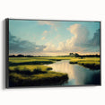 Framed canvas wall art featuring a serene marsh landscape with lush greenery and tranquil water, showcasing vibrant colors and natural beauty, ideal for home decor.