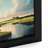 Close-up of a framed canvas wall art piece showcasing a vibrant marsh landscape, featuring lush green foliage and tranquil water reflections, perfect for nature lovers and home decor enthusiasts.