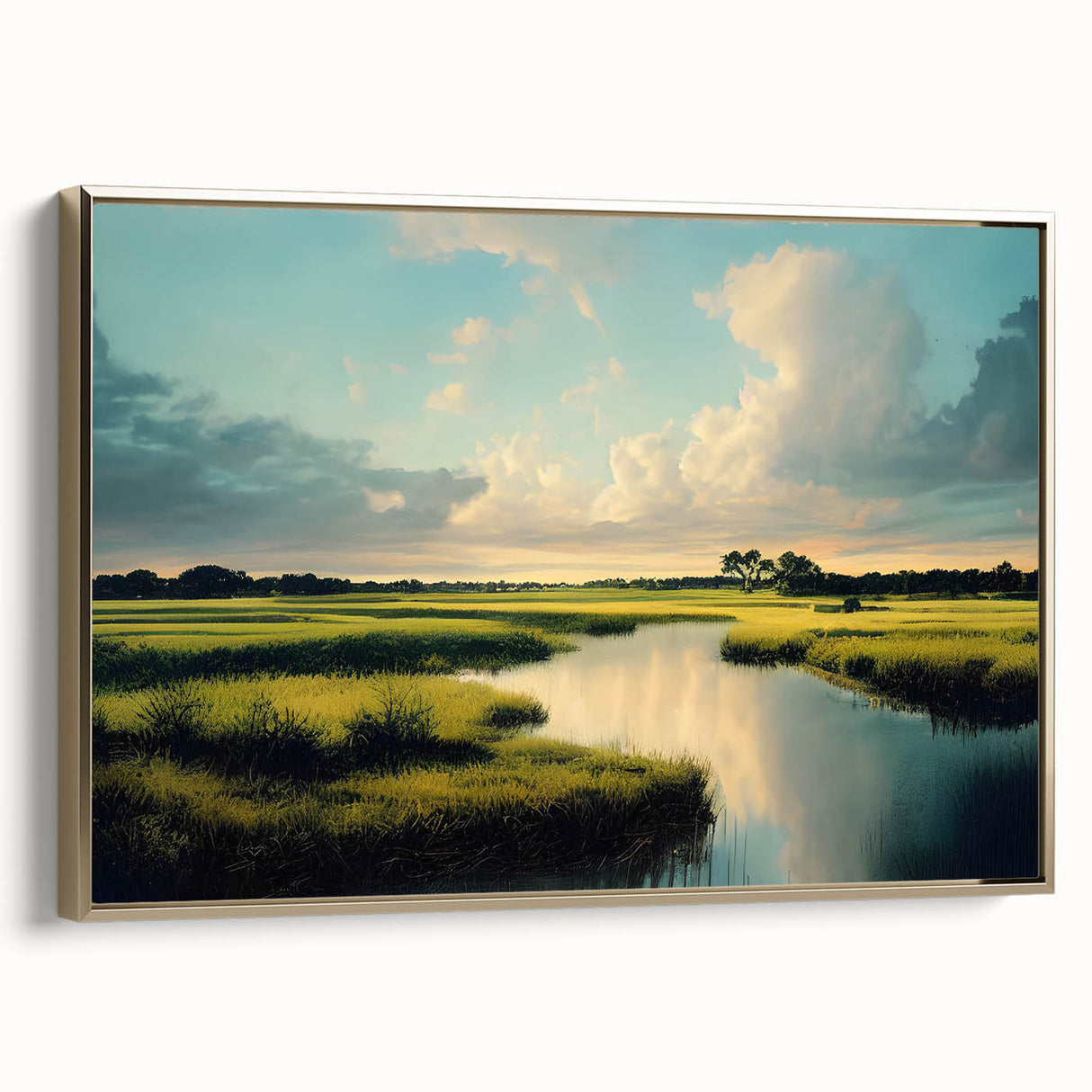 Framed canvas wall art depicting a serene marsh landscape with lush greenery and tranquil water, featuring a gold frame that enhances its elegance. Ideal for nature lovers and home decor enthusiasts.