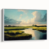Framed canvas wall art depicting a serene marsh landscape with vibrant green reeds and a tranquil water reflection, enhancing home décor with nature's beauty.