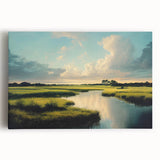 Vibrant stretched canvas artwork depicting a serene marsh landscape with lush greenery and tranquil water reflections, perfect for enhancing home decor aesthetics.