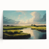 Vibrant stretched canvas wall art depicting a serene marsh landscape, showcasing lush greenery and tranquil water reflections, perfect for home decor.