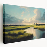 Stretched canvas wall art showcasing a serene marsh landscape with lush greenery and tranquil water reflections, ideal for nature-themed decor.