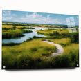 Acrylic glass wall art showcasing a vibrant landscape of a marsh and swamp, featuring lush greens and tranquil water reflections, ideal for nature-inspired decor.