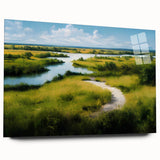 Acrylic glass artwork depicting a serene marsh landscape with lush greenery and reflective water, designed for wall display. Perfect for nature lovers and home décor enthusiasts.