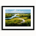 Framed black wall art showcasing a serene marsh landscape with vibrant greens and blues, perfect for enhancing home decor in modern or rustic settings.