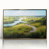 Framed acrylic wall art showcasing a vibrant swamp landscape design, featuring lush greens and golden accents, perfect for enhancing modern decor.