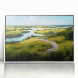 Framed wall art showcasing a serene landscape of a marsh and swamp, featuring lush greenery and tranquil water reflections, perfect for nature lovers' decor.