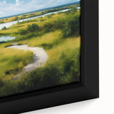 Close-up of a framed canvas wall art piece depicting a serene marsh landscape, featuring lush greenery and tranquil water reflections, ideal for nature lovers and home decor enthusiasts.