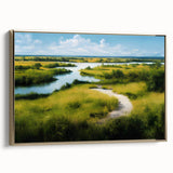 Framed wall art depicting a serene marsh landscape with lush greenery and soft golden hues, enhancing home decor with a nature-inspired touch. Perfect for creating a calming atmosphere in living spaces.