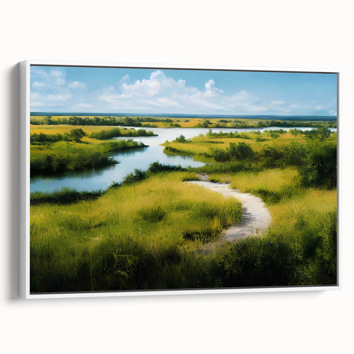Framed canvas wall art showcasing a serene marsh landscape with vibrant green foliage and soft blue water, ideal for nature lovers and home decor enthusiasts.