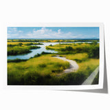 Vibrant landscape wall art print depicting a serene marsh scene with lush greenery and tranquil waters, perfect for home decor and nature enthusiasts.