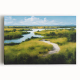 Stretched canvas wall art depicting a serene marsh landscape with lush greenery and tranquil water reflections, perfect for enhancing home decor aesthetics.