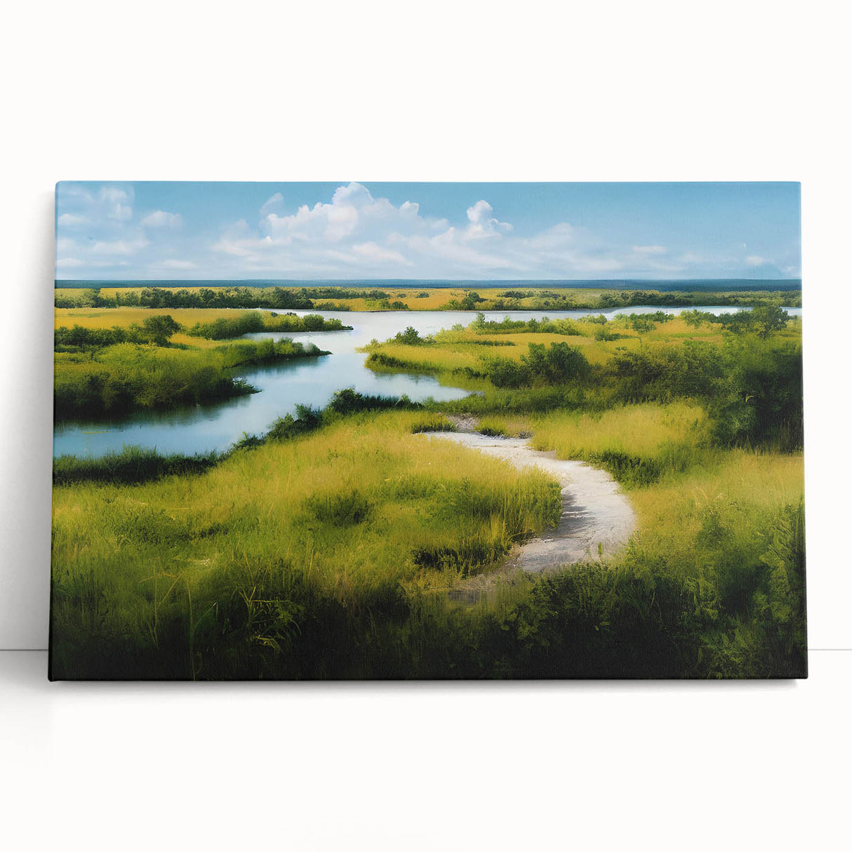Vibrant stretched canvas wall art showcasing a serene marsh landscape with lush greenery and calm waters, perfect for nature-inspired home decor.