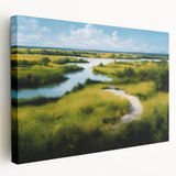 Stretched canvas wall art depicting a serene marsh landscape with lush greenery and tranquil water reflections, ideal for enhancing home decor with nature-inspired aesthetics.
