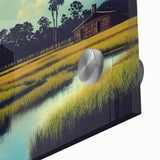 Close-up of a vibrant marsh landscape wall art piece, showcasing intricate details of swamp flora and fauna, printed on acrylic glass for a stunning visual effect.