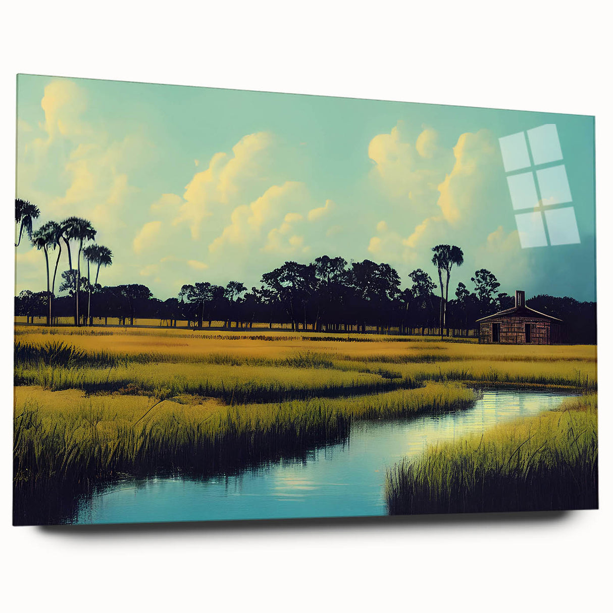 Side view of a vibrant marsh-themed wall art collection, showcasing an acrylic glass design depicting serene swamp landscapes, perfect for nature lovers' decor.