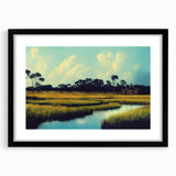 Framed wall art collection showcasing a serene marsh landscape with vibrant greens and blues, featuring a black frame and mat, perfect for home decor.