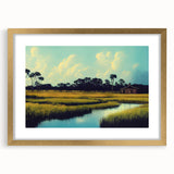 Elegant gold-framed wall art collection featuring serene marsh and swamp landscapes, showcasing lush greenery and tranquil water reflections, perfect for home decor.