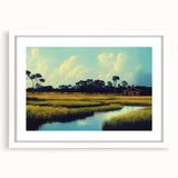 Framed wall art showcasing a serene marsh landscape with vivid greens and blues, designed to enhance home decor. The artwork features a white mat for a polished look, ideal for adding a tranquil nature vibe to living spaces.