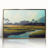 Framed wall art featuring a serene marsh landscape with lush greenery and a tranquil swamp, accented by a gold frame, ideal for nature lovers' home decor.