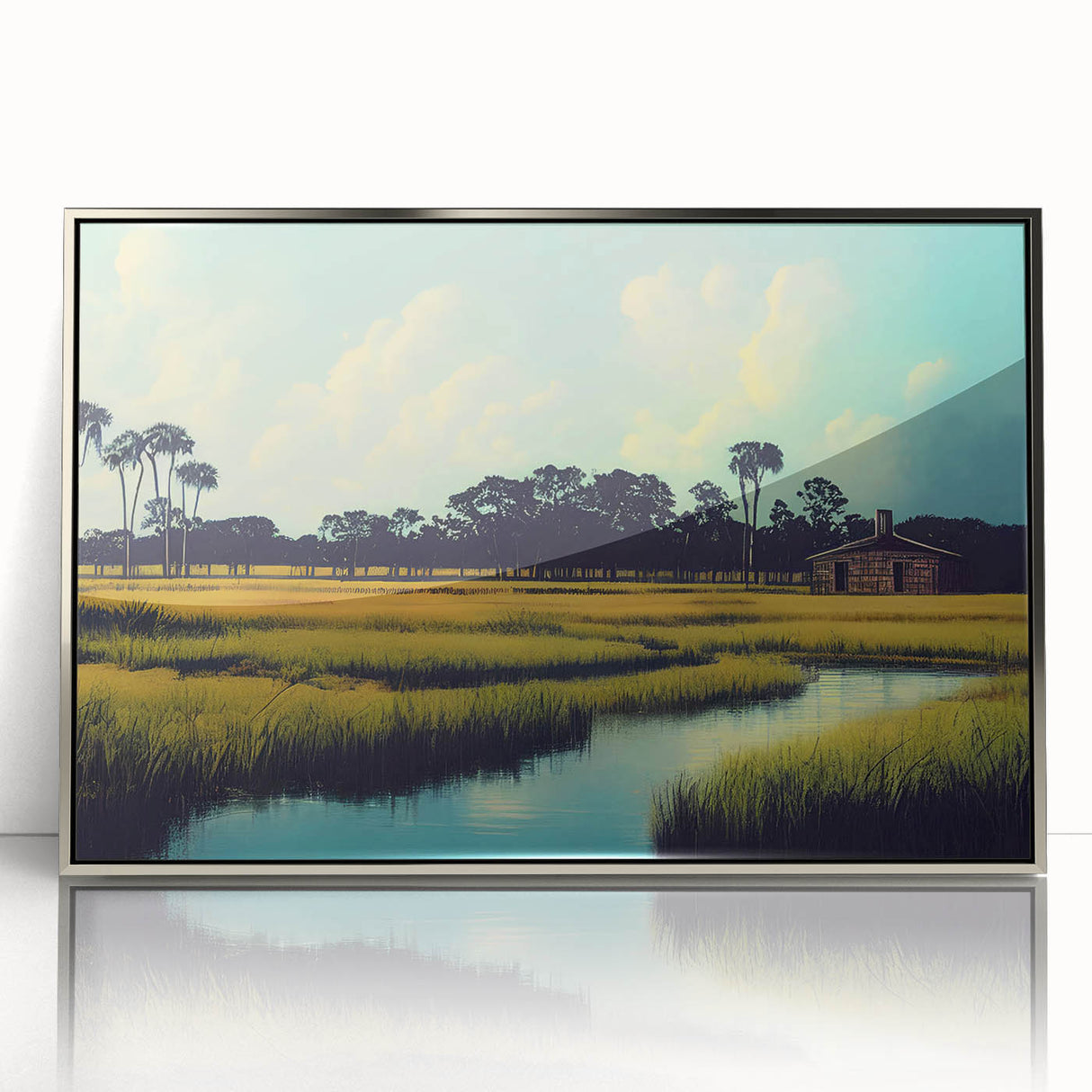 Framed wall art collection showcasing a serene marsh landscape with vibrant greenery and a tranquil swamp setting, elegantly displayed in a silver frame for modern decor.
