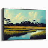 Framed canvas wall art showcasing a serene marsh landscape design, featuring lush greenery and reflections in calm water, perfect for nature lovers' decor.
