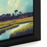 Framed canvas artwork showcasing a vibrant marsh landscape with lush greenery and reflective water, perfect for nature-themed home decor. Ideal for enhancing interior aesthetics while celebrating natural beauty.