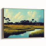 Framed wall art collection showcasing a serene marsh landscape with a swamp design, featuring vibrant greens and earthy tones, set against a gold frame, perfect for nature-inspired decor.