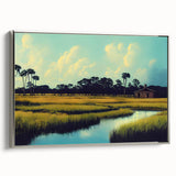 Framed wall art showcasing a serene marsh landscape with a silver frame, featuring lush greenery and soft reflections on water, ideal for nature-themed decor.