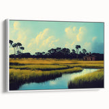 Framed canvas wall art featuring a serene marsh landscape with lush greenery and reflective water, designed for nature enthusiasts and home decor lovers.