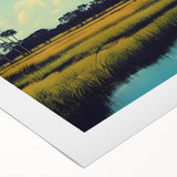 Vibrant rolled canvas showcasing a serene marsh landscape with lush greenery and tranquil water reflections, perfect for nature-inspired home decor.
