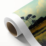 Lush landscape of a marshy swamp depicted in vibrant colors on rolled canvas wall art, showcasing nature's beauty and tranquility, ideal for home decor.