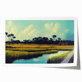 Vibrant rolled print of a serene marsh landscape showcasing lush greenery and reflective water, ideal for nature-themed wall decor in homes or offices.
