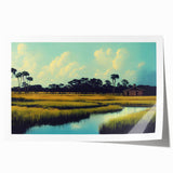 Vibrant rolled print of a serene marsh landscape showcasing lush greenery and reflective water, ideal for nature-themed wall decor in homes or offices.