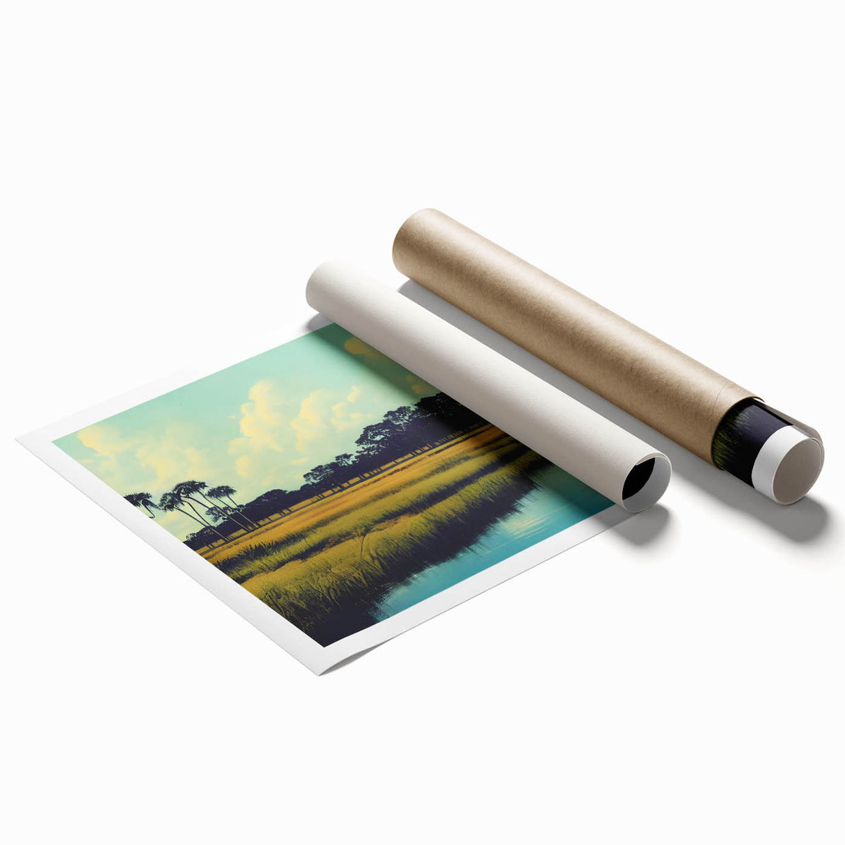 Vibrant rolled print of a serene marsh landscape featuring lush greenery, reflective water, and soft sunlight, ideal for nature-themed wall decor.