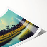 Vibrant rolled print of a serene marsh landscape showcasing lush greenery and tranquil water reflections, ideal for nature-themed home decor.