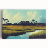 Vibrant canvas print showcasing a serene marsh landscape with lush greenery and reflective water, perfect for nature-themed decor in modern interiors.